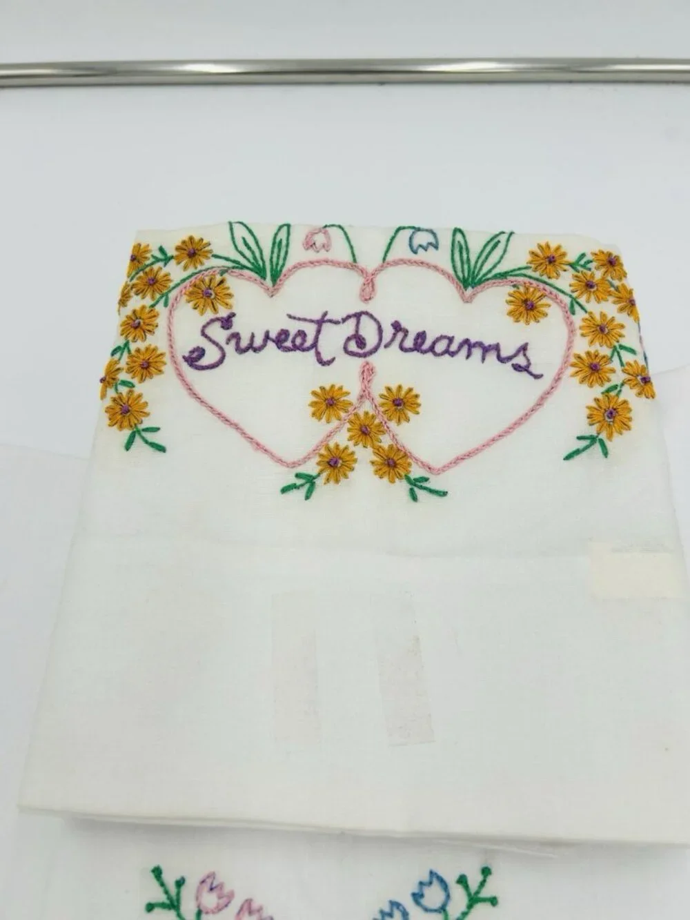 Vintage Hand Embroidered Pillowcases Pair Standard White Floral SWEET DREAMS